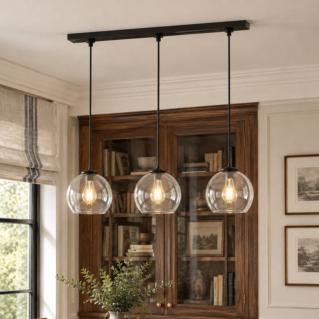 Desmond Modern Glass Globe Pendant Light, Crystal Transparent / 3-Light, SKU image with layered residential background