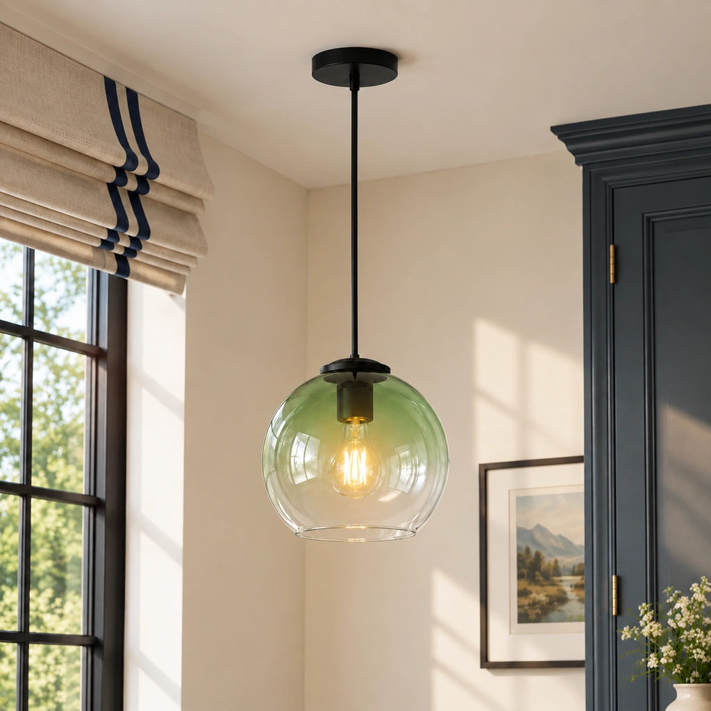 Desmond Modern Glass Globe Pendant Light, Wind Chime Green / 1-Light, SKU image with layered residential background