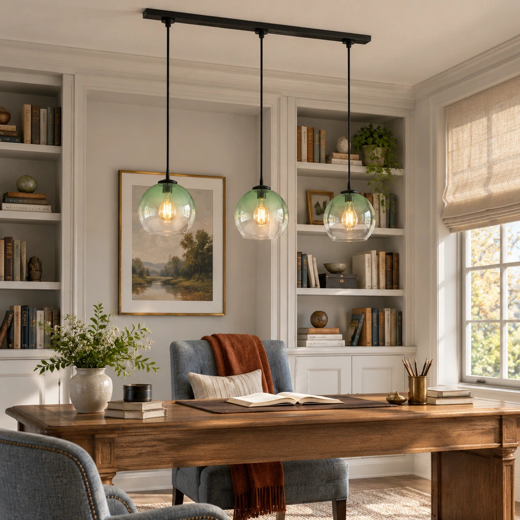 Desmond Modern Glass Globe Pendant Light, Wind Chime Green / 3-Light, close library scene