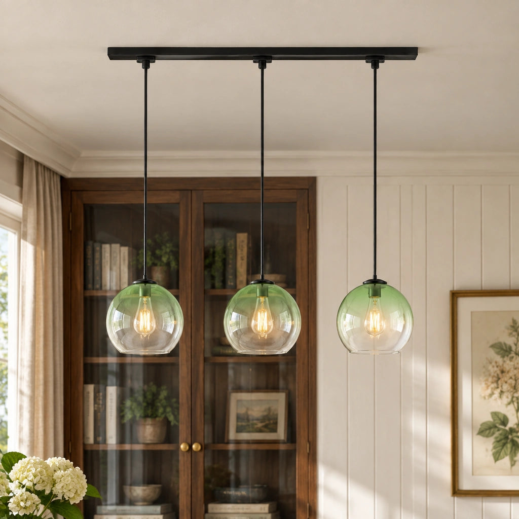 Desmond Modern Glass Globe Pendant Light, Wind Chime Green / 3-Light, SKU image with layered residential background