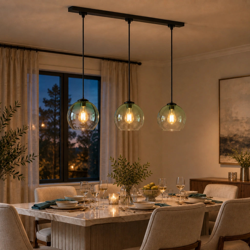 Desmond Modern Glass Globe Pendant Light, Wind Chime Green / 3-Light, night