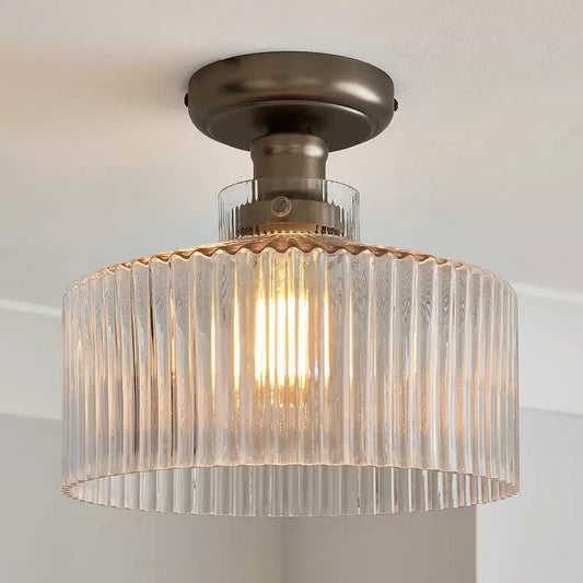 Doto Vintage Ribbed Glass Drum Flush Mount Ceiling Light