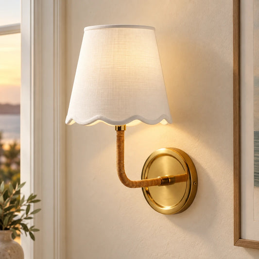 Elodie Rattan Wrapped Single Wall Sconce, Brass / White Wave installed SKU image