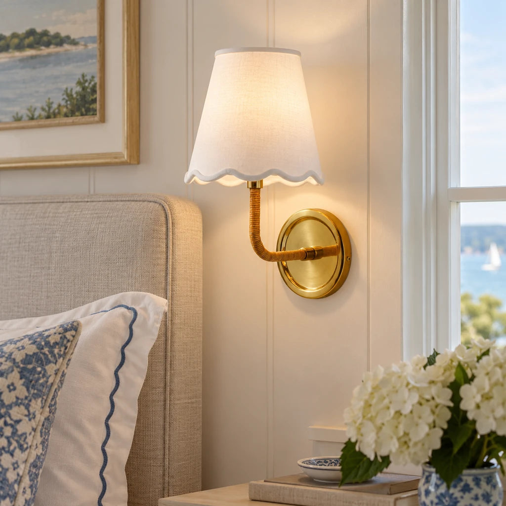 Elodie Rattan Wrapped Single Wall Sconce, Brass / White Wave installed close view
