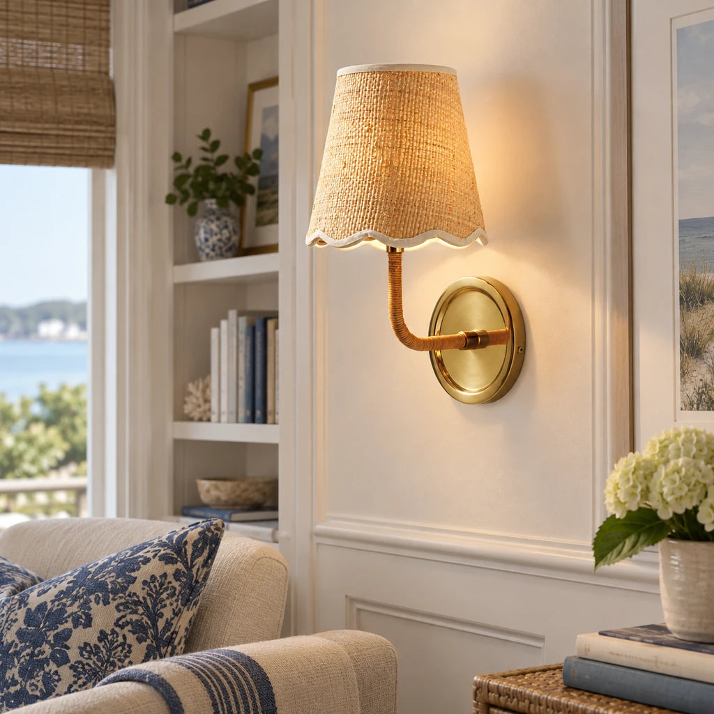 Elodie Rattan Wrapped Single Wall Sconce, Brass / Raffia Wave installed close view
