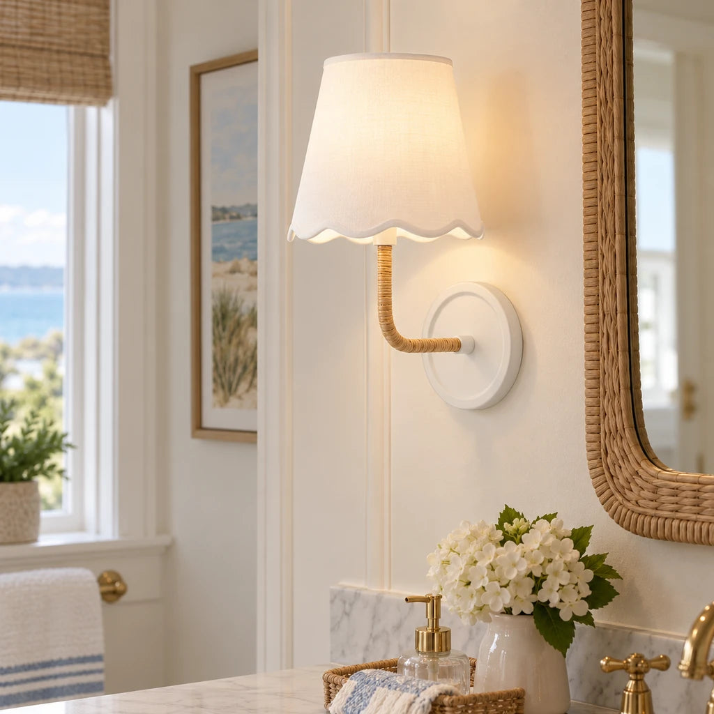Elodie Rattan Wrapped Single Wall Sconce, White / White Wave installed close view