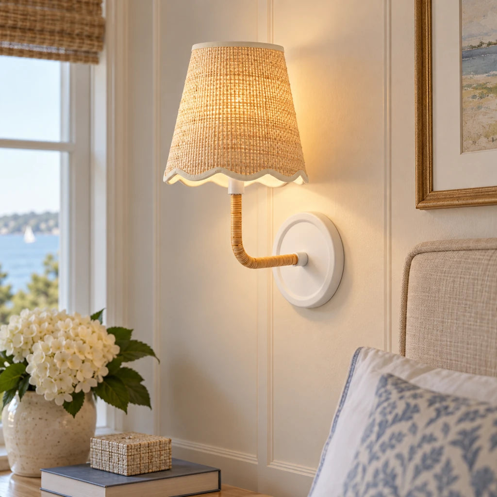 Elodie Rattan Wrapped Single Wall Sconce, White / Raffia Wave installed close view