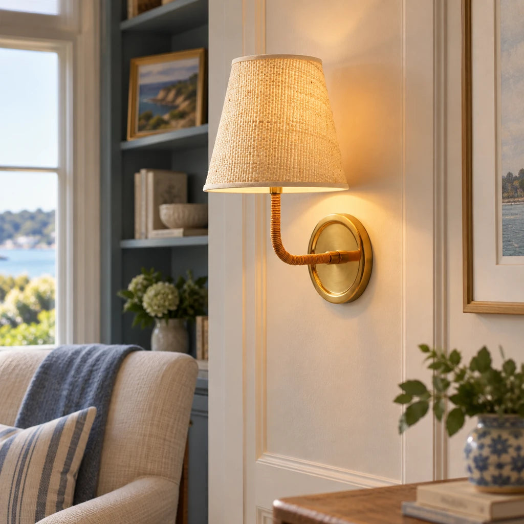Elodie Rattan Wrapped Single Wall Sconce, Brass / Raffia Taper installed close view