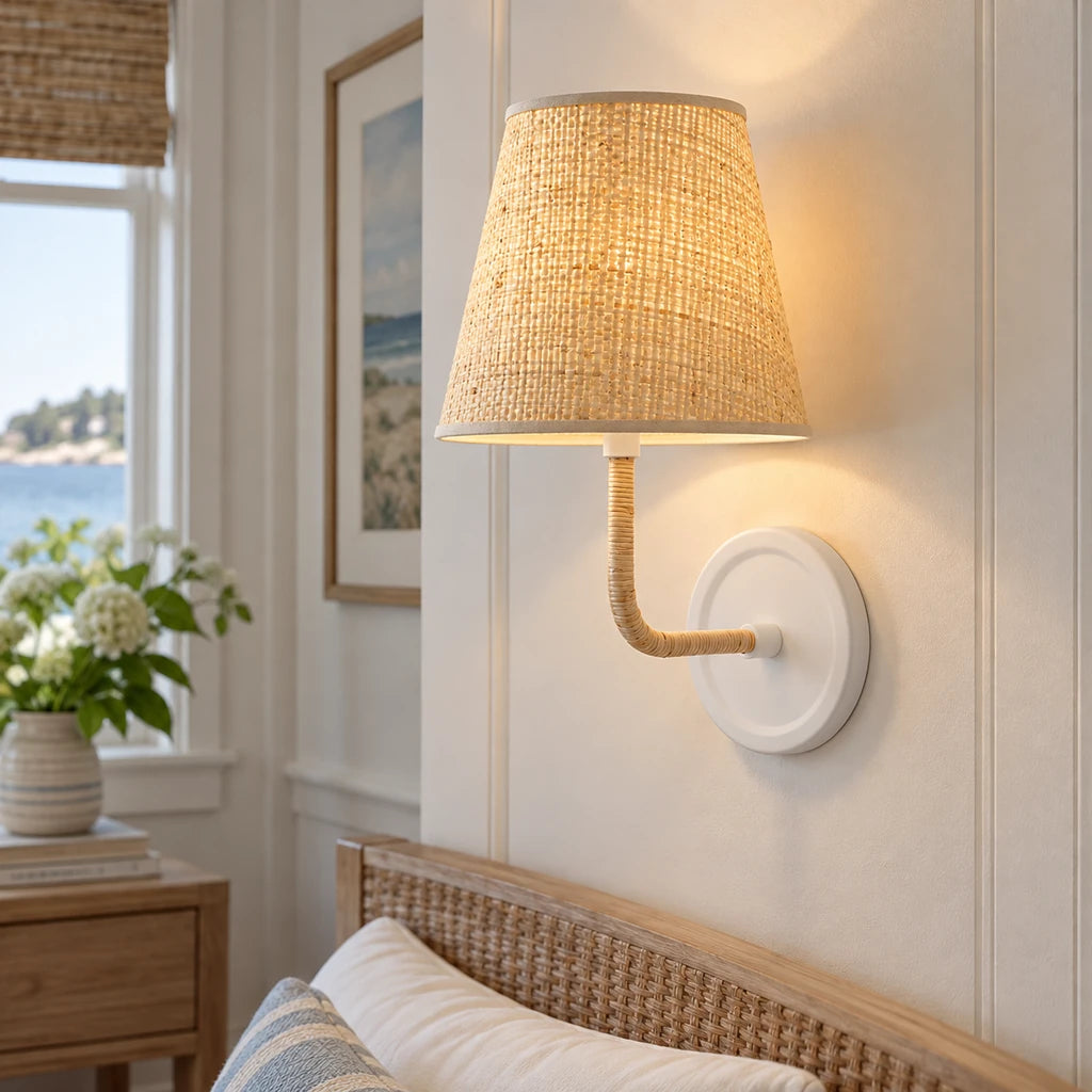 Elodie Rattan Wrapped Single Wall Sconce, White / Raffia Taper installed close view