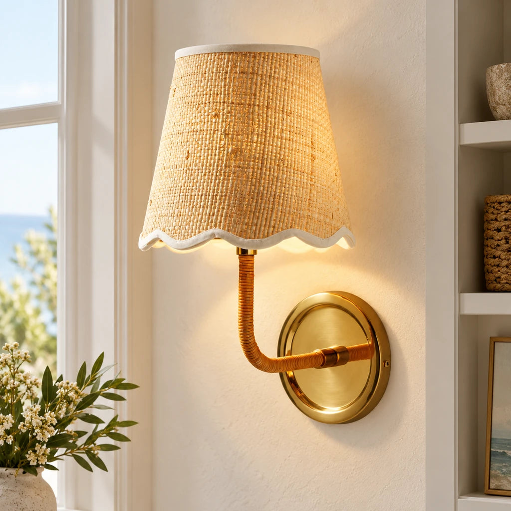 Elodie Rattan Wrapped Single Wall Sconce, Brass / Raffia Wave installed SKU image