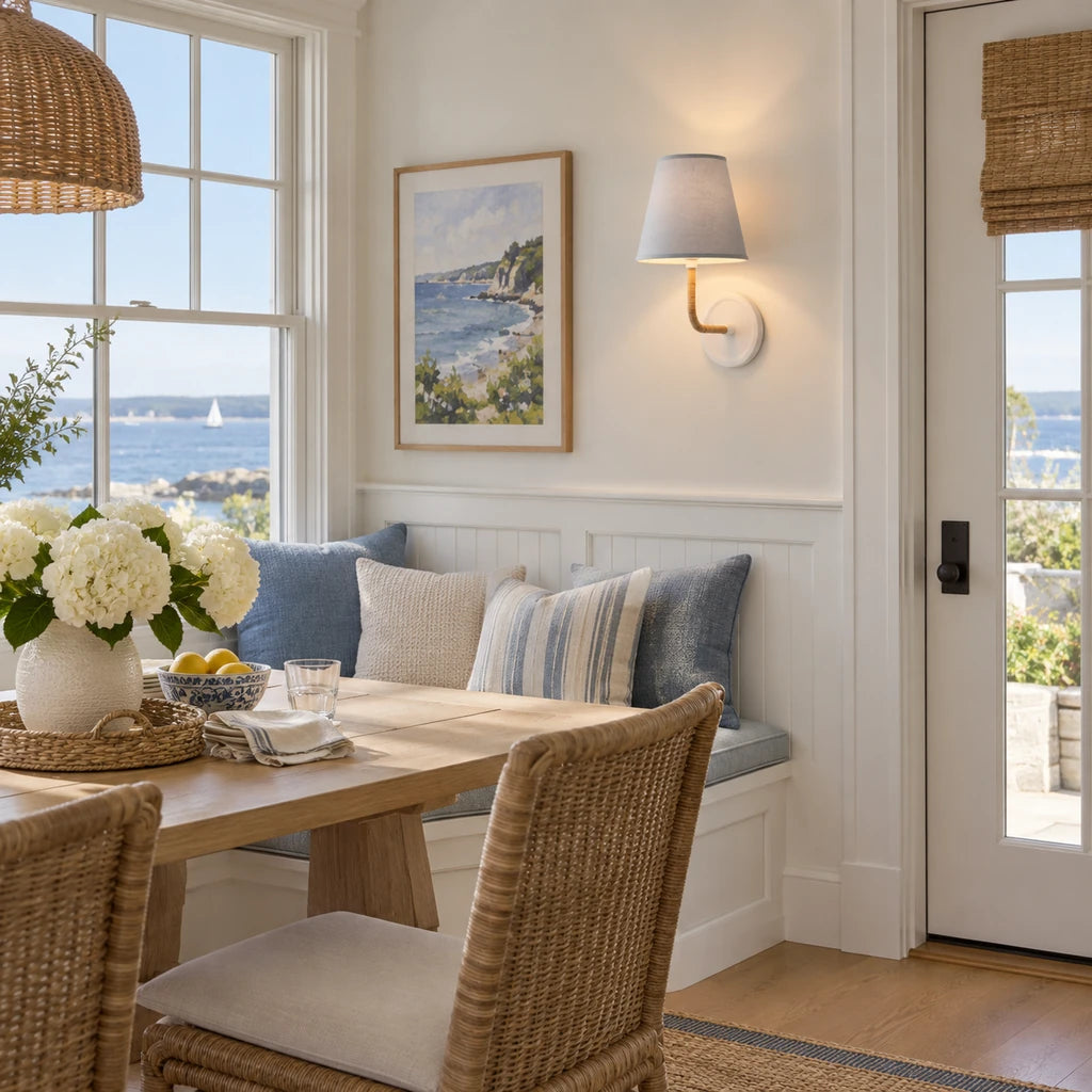 Elodie Rattan Wrapped Single Wall Sconce, White / Coastal Blue Taper installed medium view