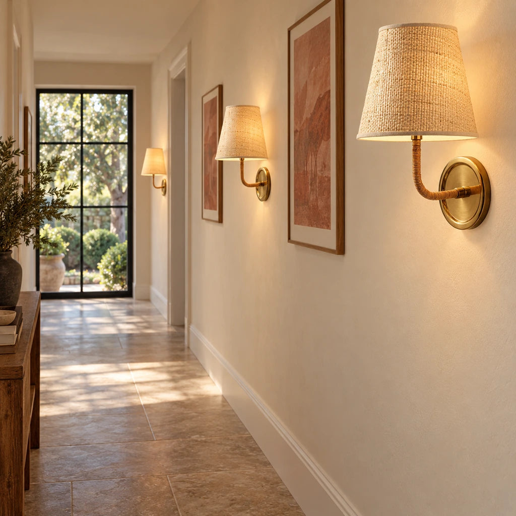Elodie Rattan Wrapped Single Wall Sconce, Brass / Raffia Taper grouped room scene