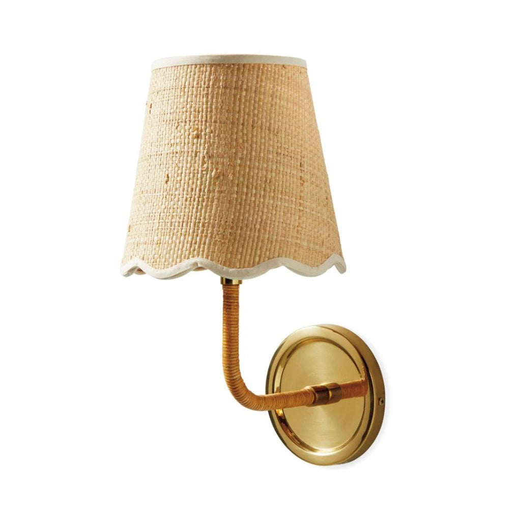 Elodie Rattan Wrapped Single Wall Sconce, Brass / Raffia Wave switched-off white-background view