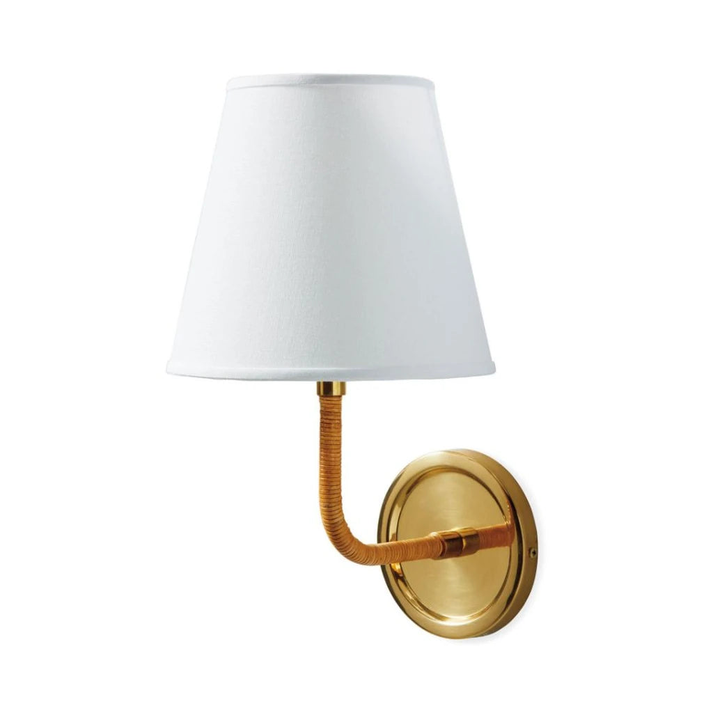 Elodie Rattan Wrapped Single Wall Sconce, Brass / White Taper switched-off white-background view