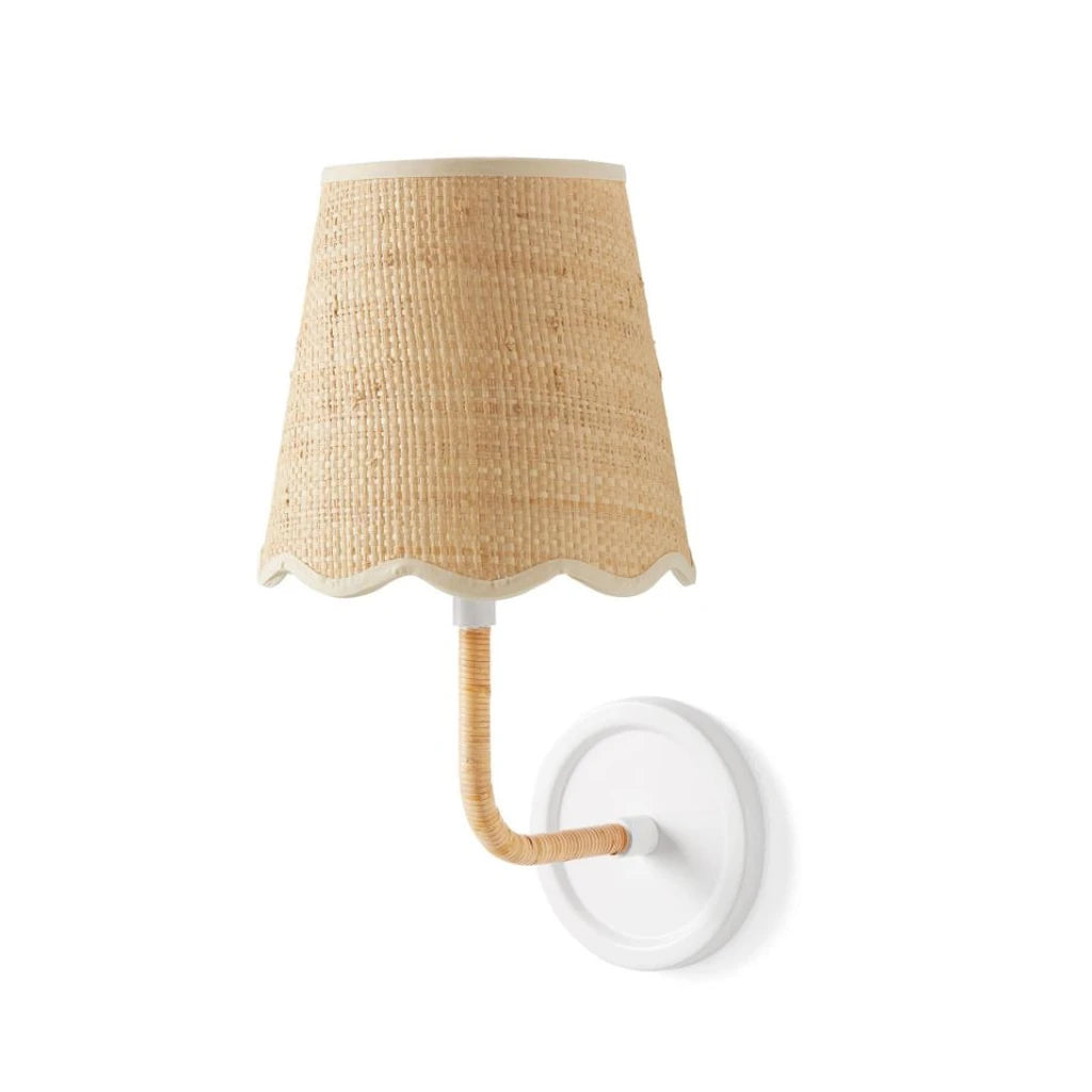 Elodie Rattan Wrapped Single Wall Sconce, White / Raffia Wave switched-off white-background view
