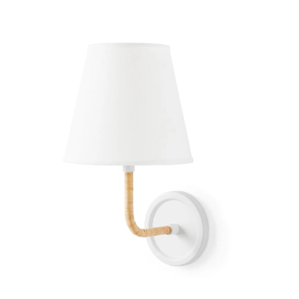 Elodie Rattan Wrapped Single Wall Sconce, White / White Taper switched-off white-background view