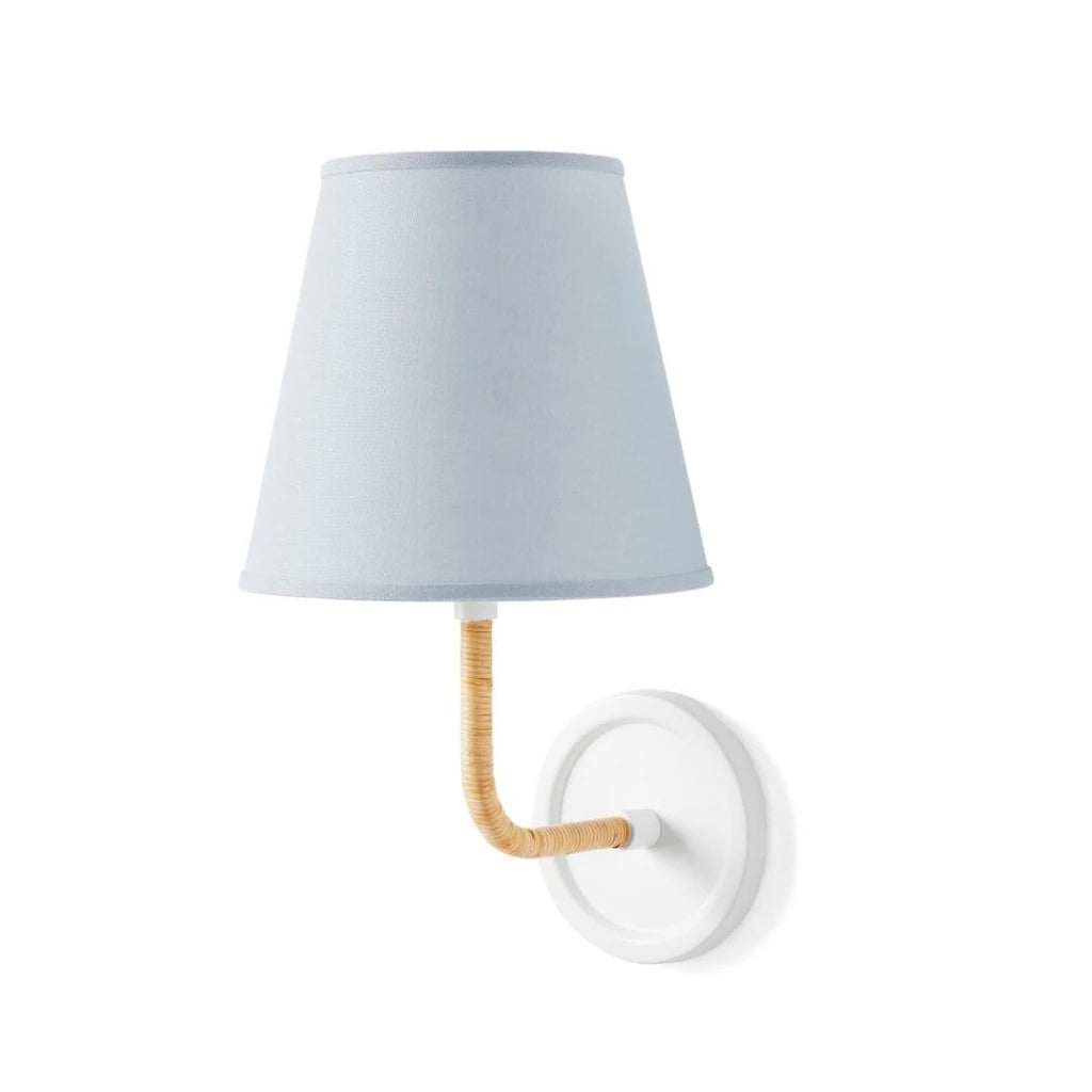 Elodie Rattan Wrapped Single Wall Sconce, White / Coastal Blue Taper switched-off white-background view