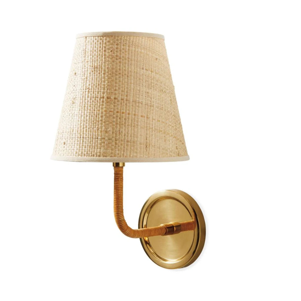 Elodie Rattan Wrapped Single Wall Sconce, Brass / Raffia Taper switched-off white-background view