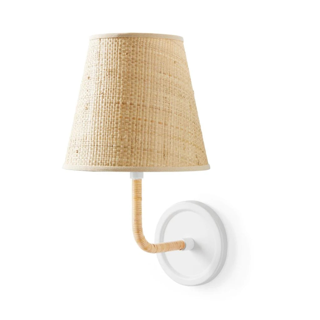 Elodie Rattan Wrapped Single Wall Sconce, White / Raffia Taper switched-off white-background view