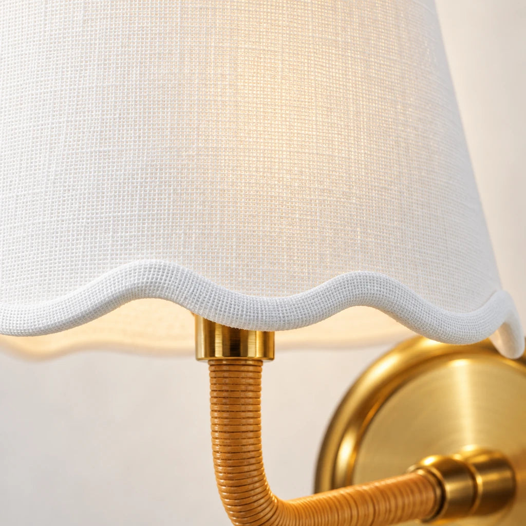 Elodie Rattan Wrapped Single Wall Sconce, white linen shade and rattan arm macro