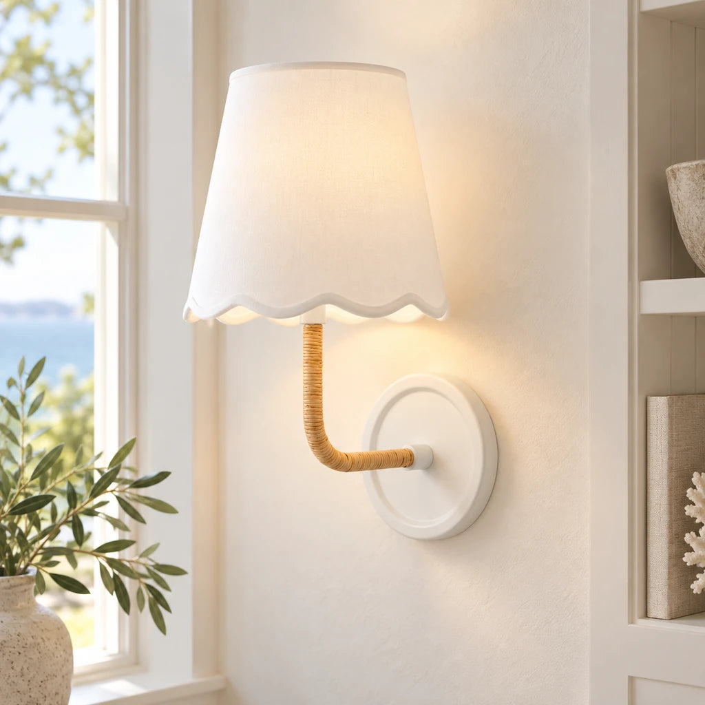 Elodie Rattan Wrapped Single Wall Sconce, White / White Wave installed SKU image