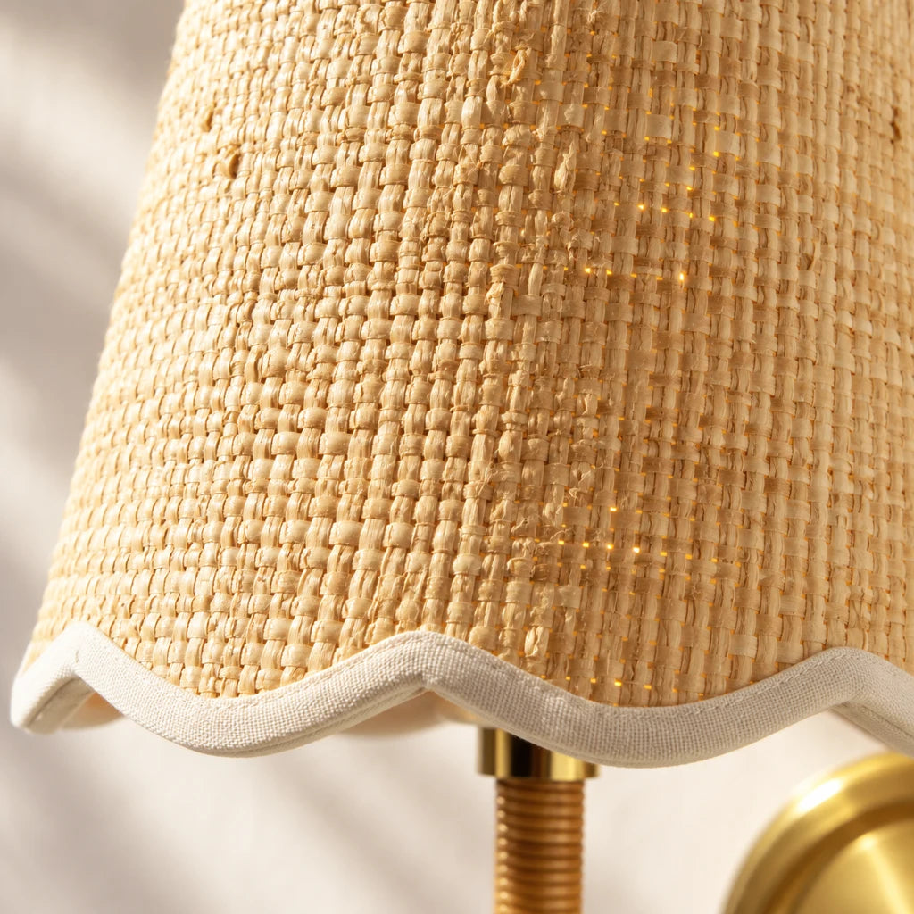 Elodie Rattan Wrapped Single Wall Sconce, raffia shade weave macro