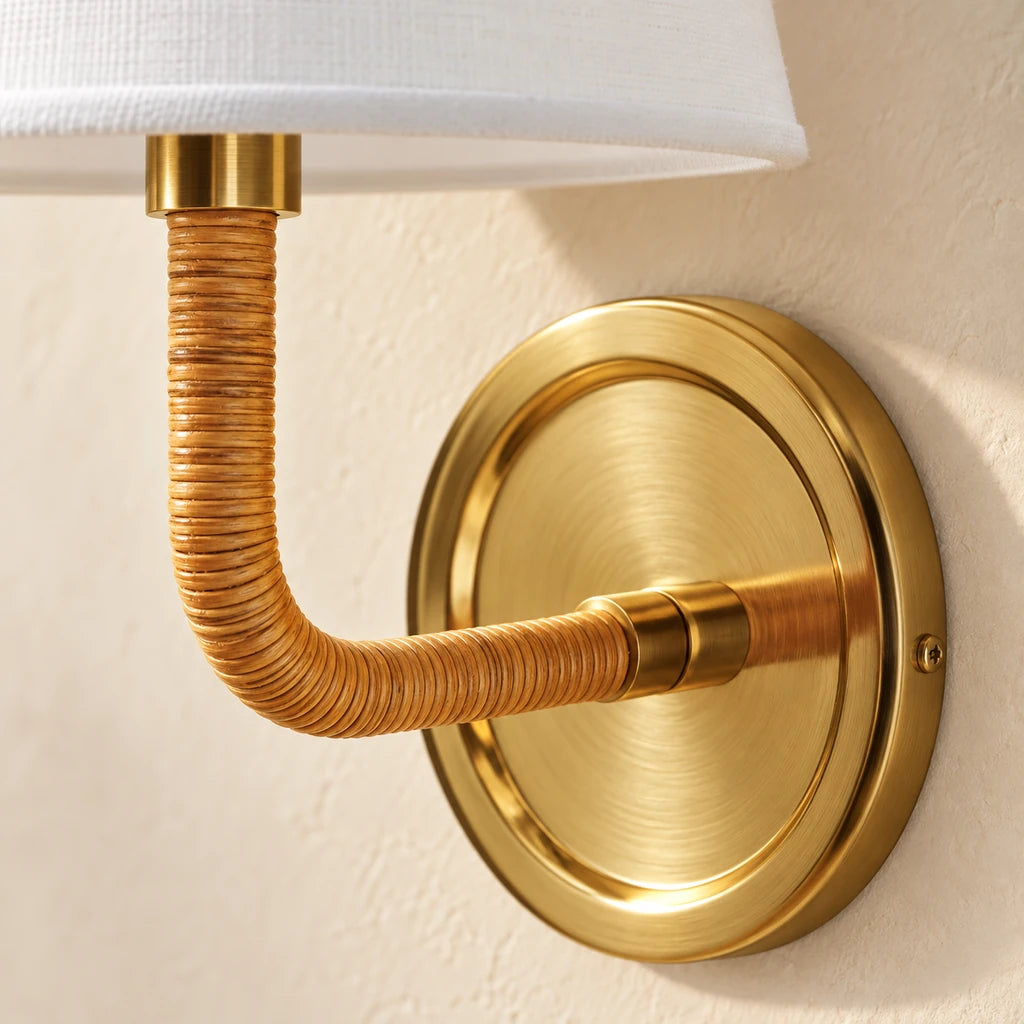 Elodie Rattan Wrapped Single Wall Sconce, backplate and rattan arm macro