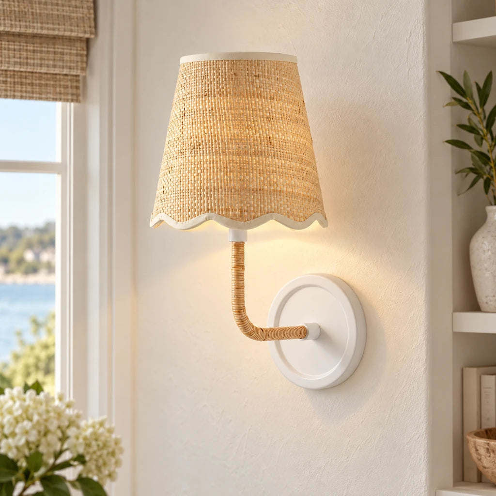 Elodie Rattan Wrapped Single Wall Sconce, White / Raffia Wave installed SKU image