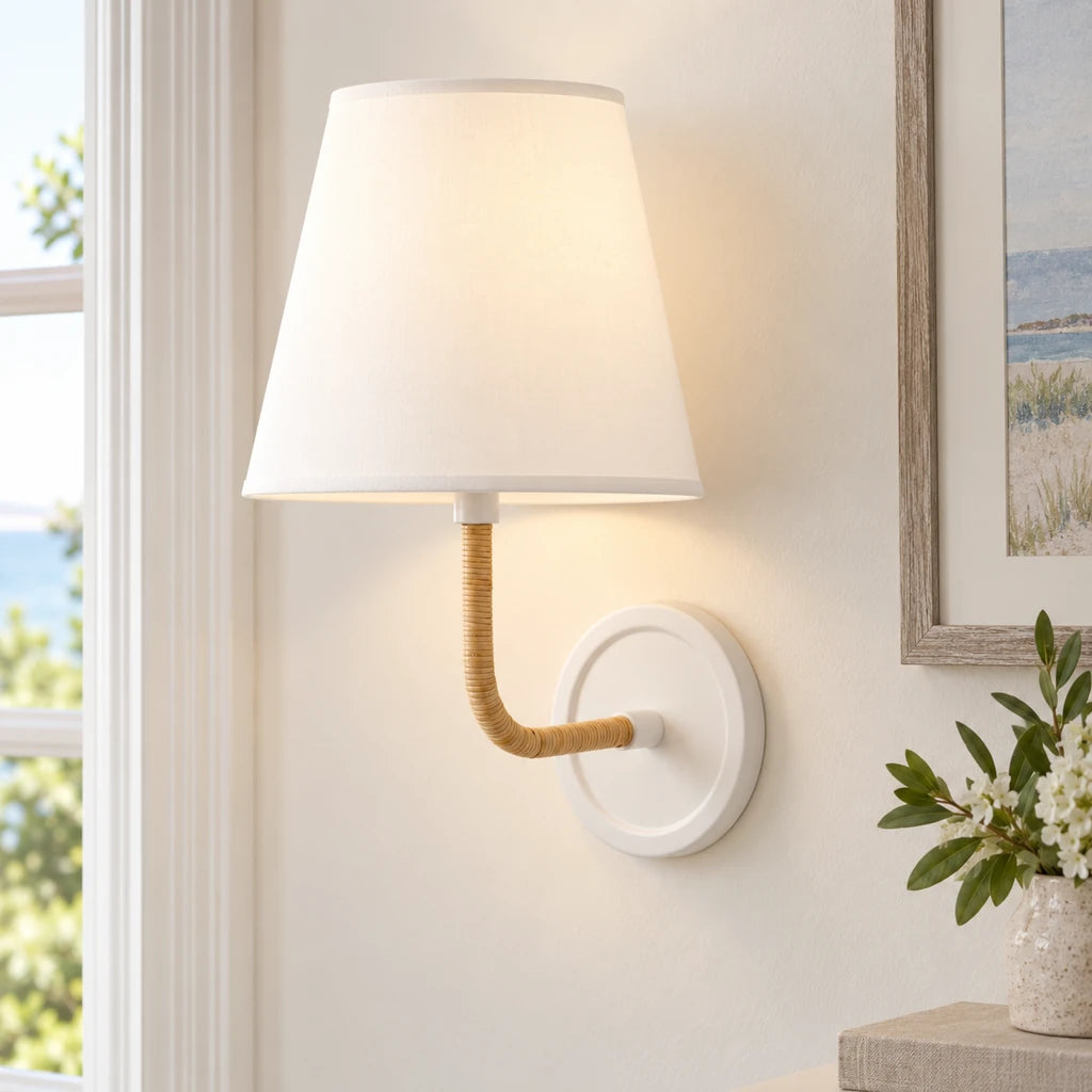 Elodie Rattan Wrapped Single Wall Sconce, White / White Taper installed SKU image