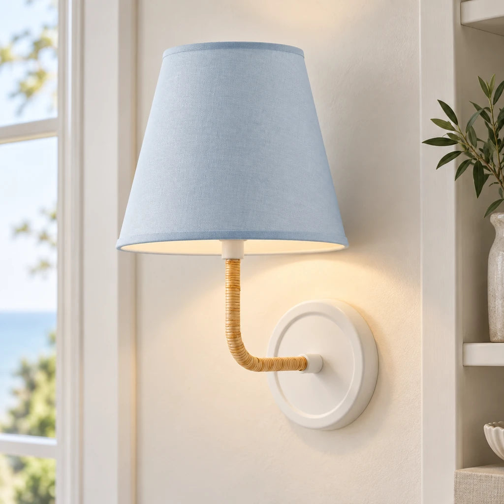 Elodie Rattan Wrapped Single Wall Sconce, White / Coastal Blue Taper installed SKU image