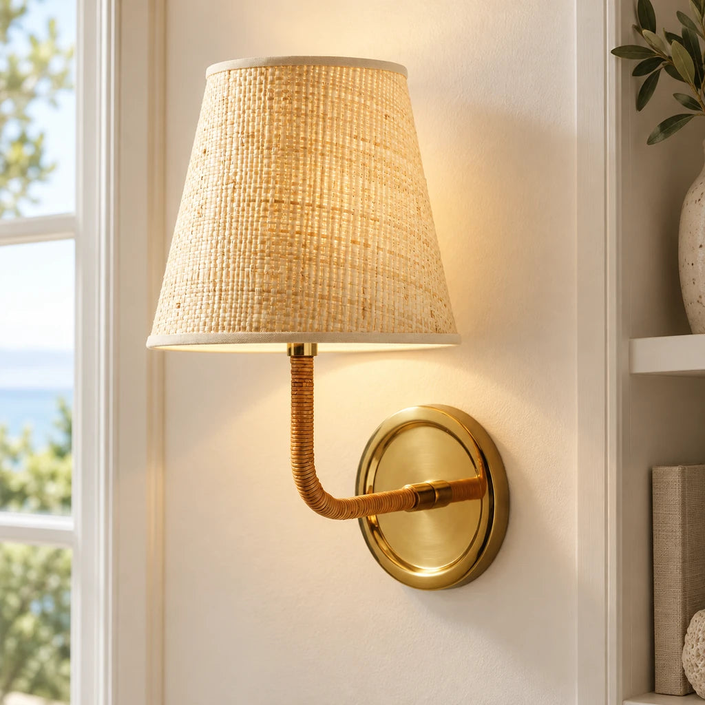 Elodie Rattan Wrapped Single Wall Sconce, Brass / Raffia Taper installed SKU image