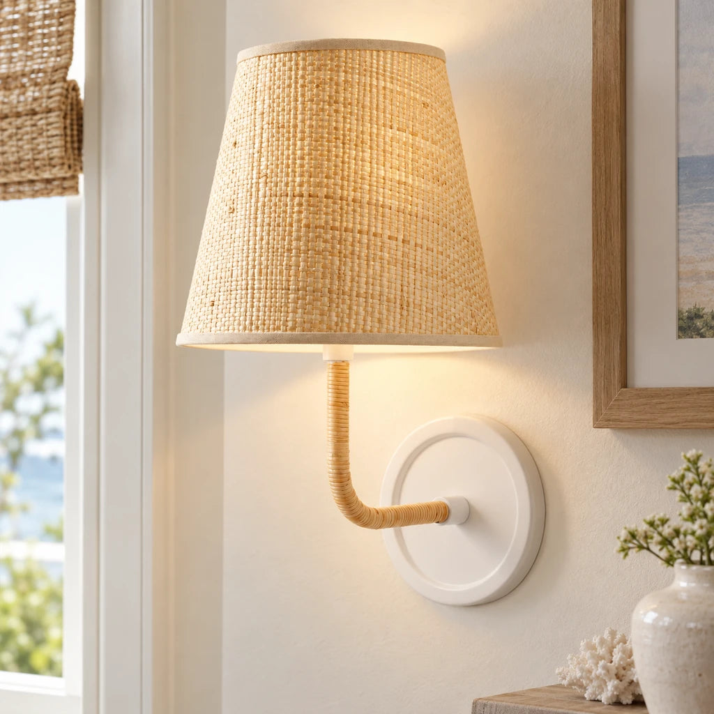 Elodie Rattan Wrapped Single Wall Sconce, White / Raffia Taper installed SKU image
