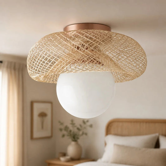 Eloeen Modern Swirl Woven Rattan Milk Glass Ceiling Light