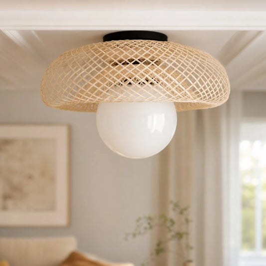 Elove Modern Layered Rattan Milk Glass Ceiling Light