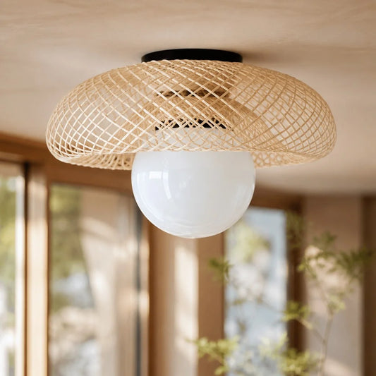 Elove Modern Layered Rattan Milk Glass Ceiling Light