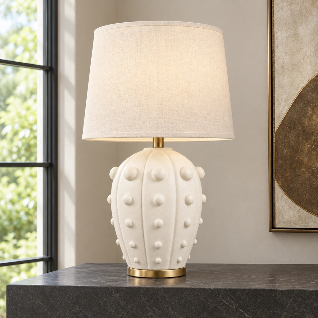 Elowen Textured Ceramic Fabric Shade Table Lamp, Studded design in a bright interior