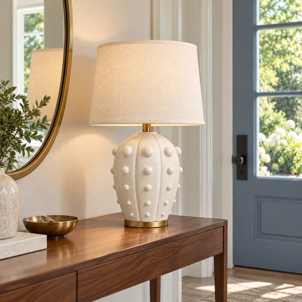 Elowen Textured Ceramic Fabric Shade Table Lamp, Studded design, entry setting