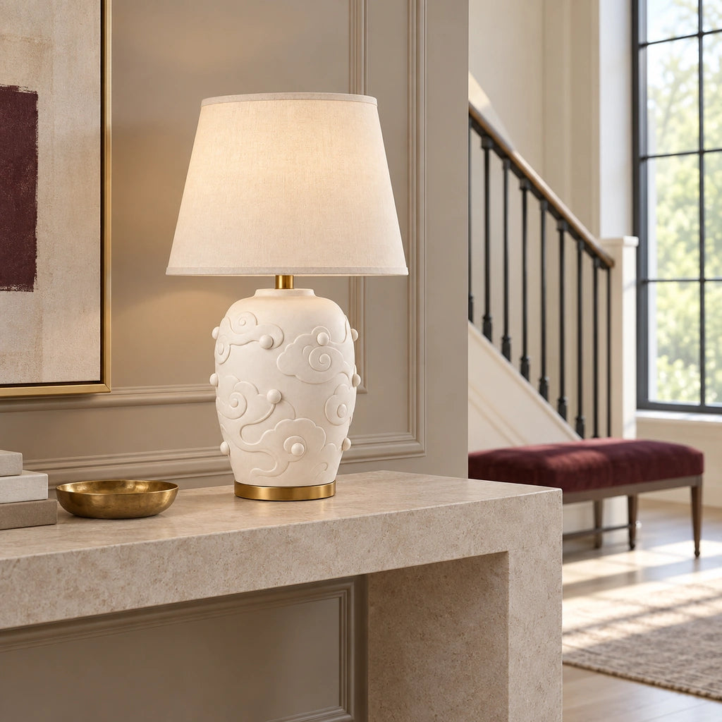 Elowen Textured Ceramic Fabric Shade Table Lamp, Scroll design, entry setting