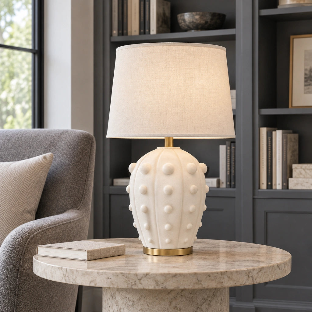 Elowen Textured Ceramic Fabric Shade Table Lamp, Studded design, library setting