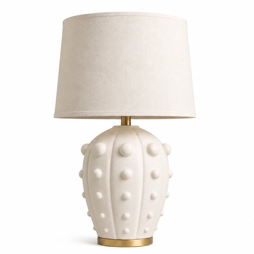 Elowen Textured Ceramic Fabric Shade Table Lamp, Studded design on a white background