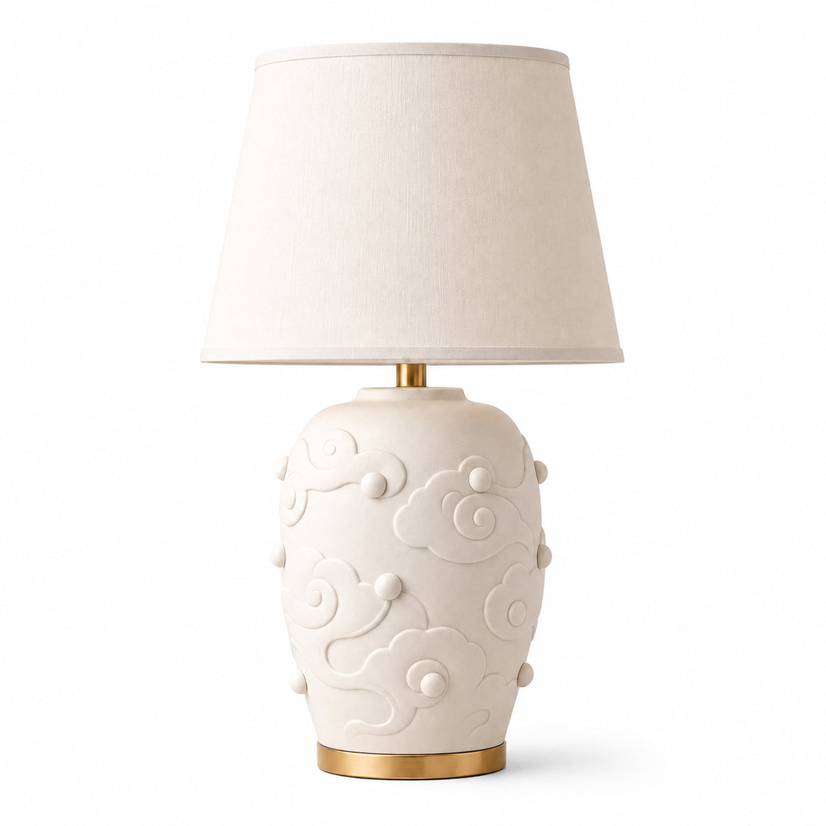 Elowen Textured Ceramic Fabric Shade Table Lamp, Scroll design on a white background