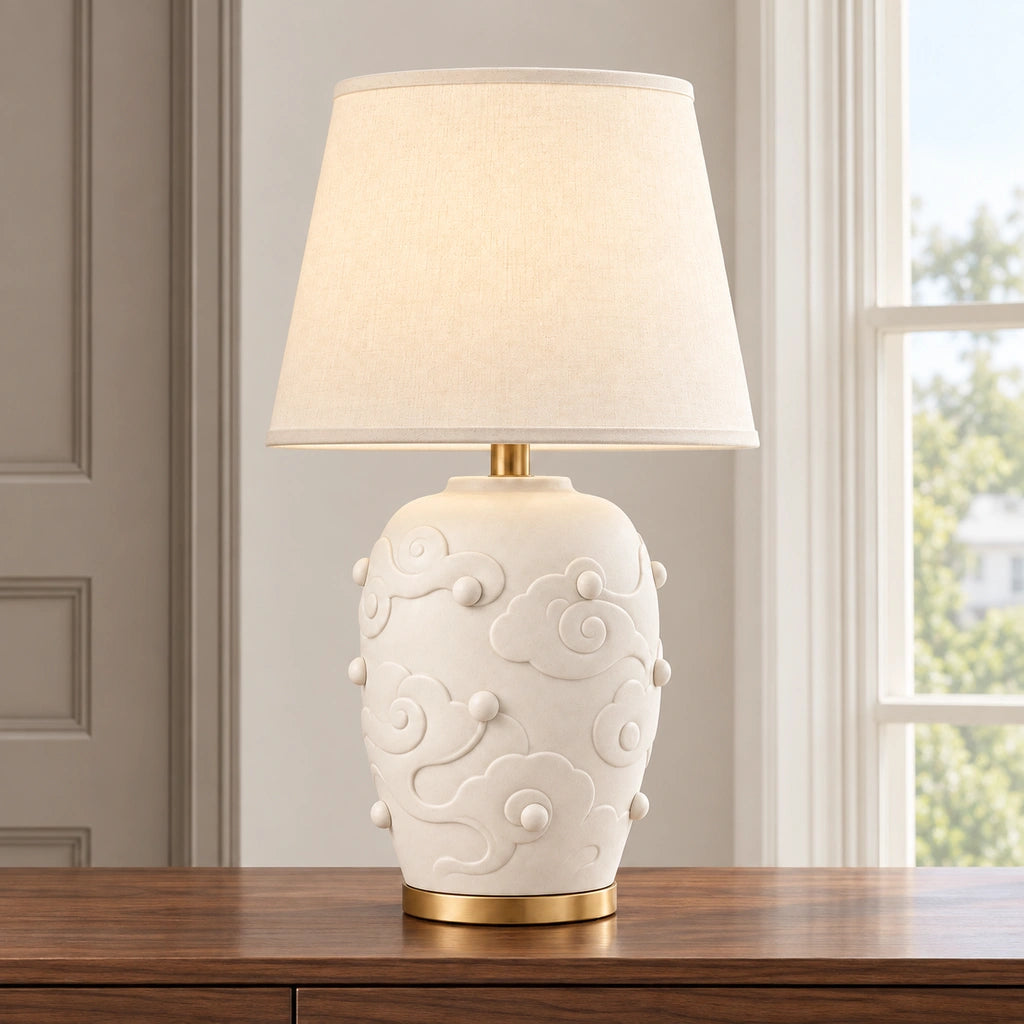 Elowen Textured Ceramic Fabric Shade Table Lamp, Scroll design in a bright interior