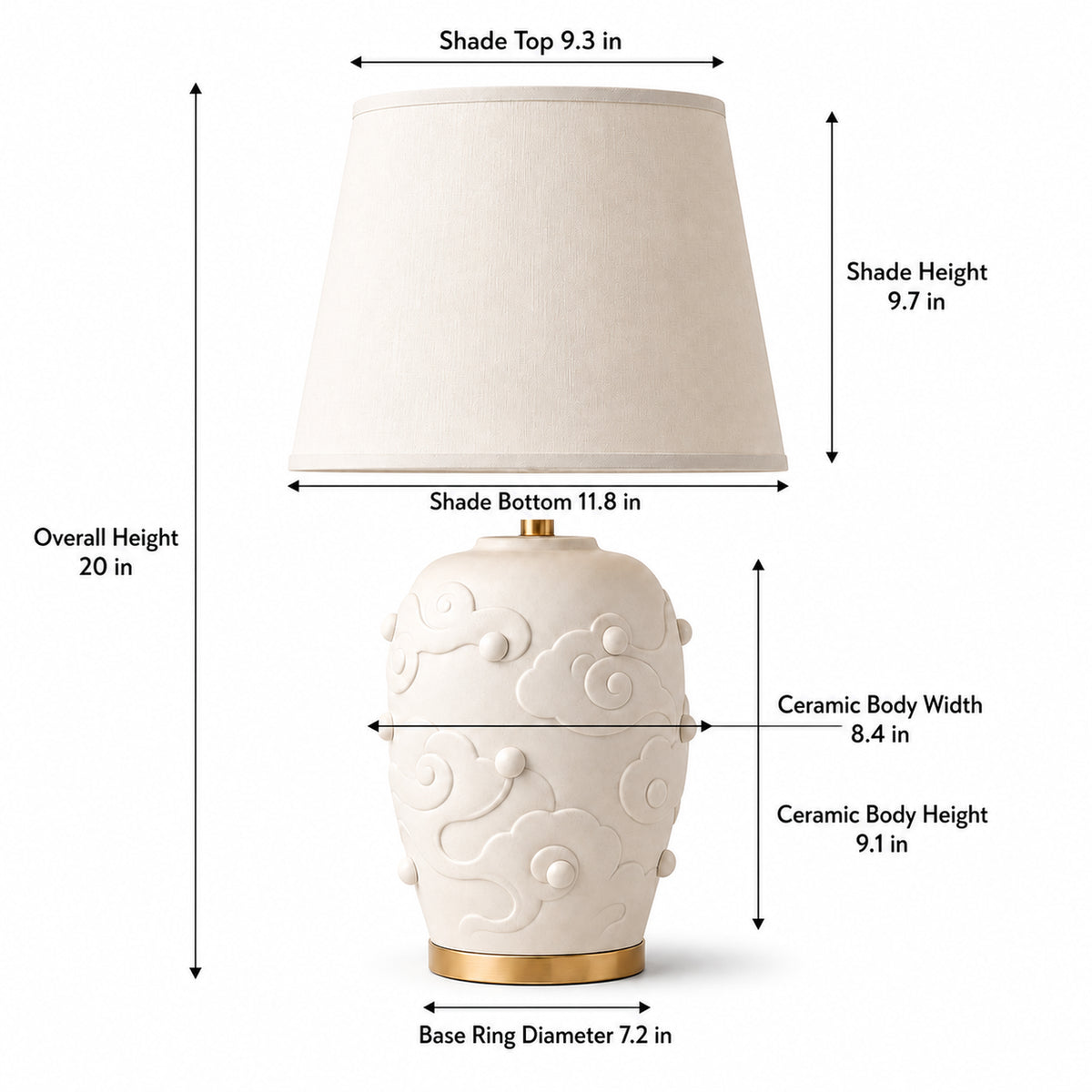 Elowen Textured Ceramic Fabric Shade Table Lamp, Scroll design dimensions