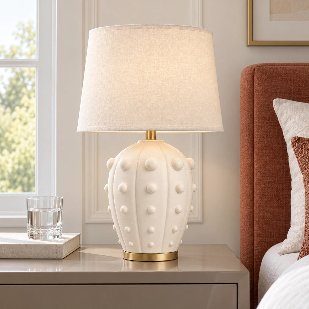 Elowen Textured Ceramic Fabric Shade Table Lamp, Studded design, bedside setting