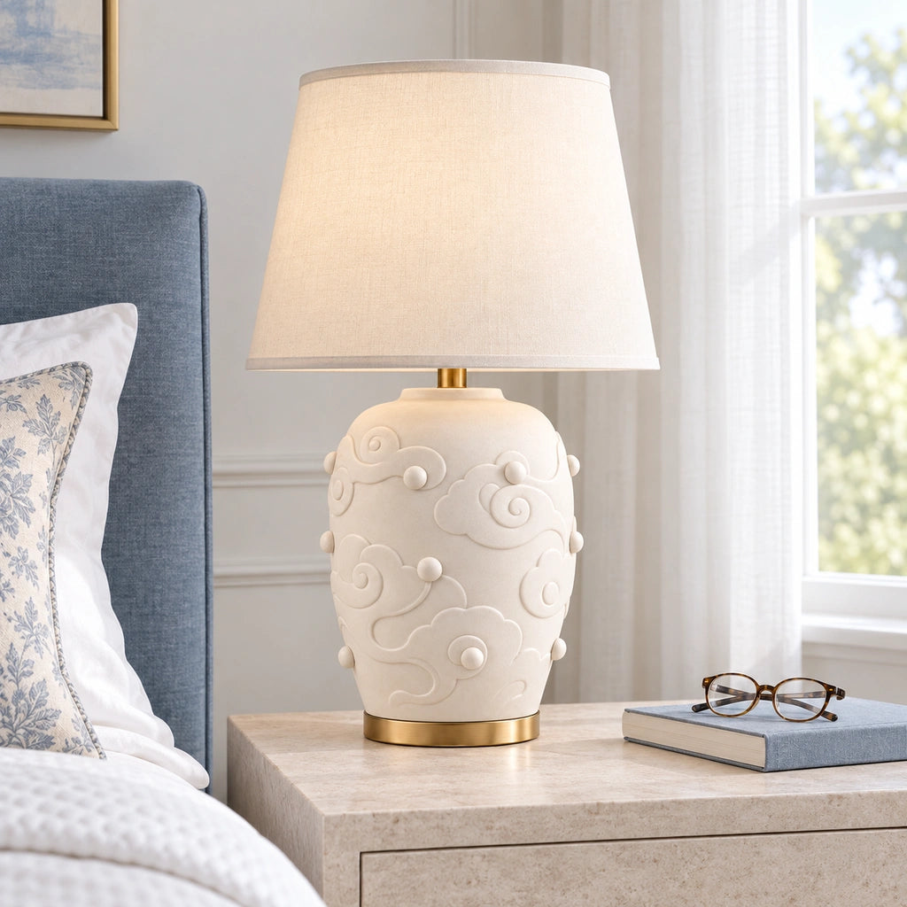 Elowen Textured Ceramic Fabric Shade Table Lamp, Scroll design, bedside setting