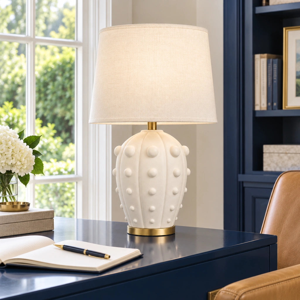 Elowen Textured Ceramic Fabric Shade Table Lamp, Studded design, desk setting