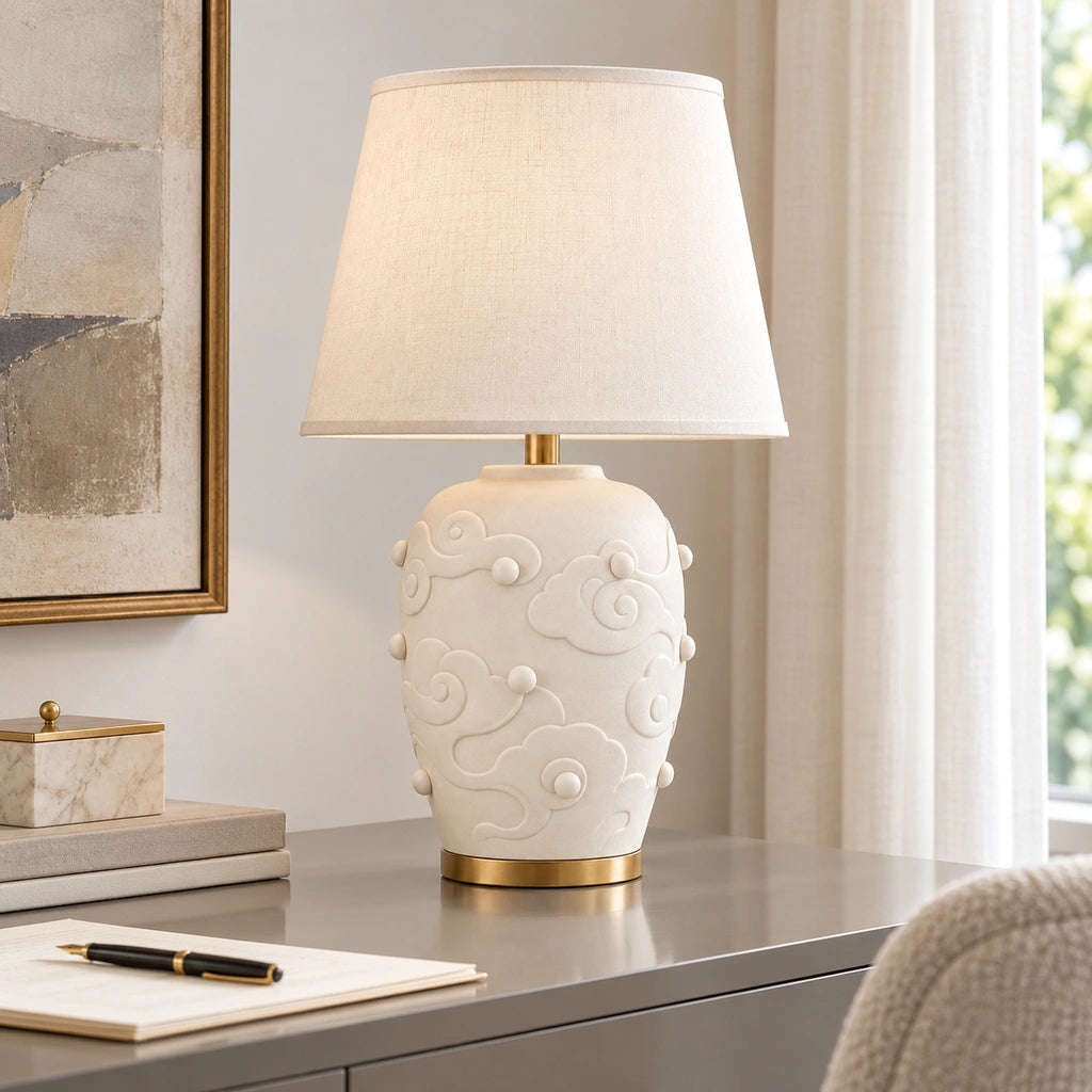 Elowen Textured Ceramic Fabric Shade Table Lamp, Scroll design, desk setting