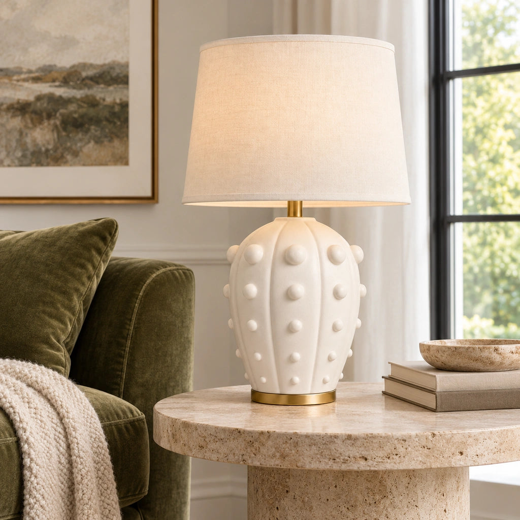 Elowen Textured Ceramic Fabric Shade Table Lamp, Studded design, living setting