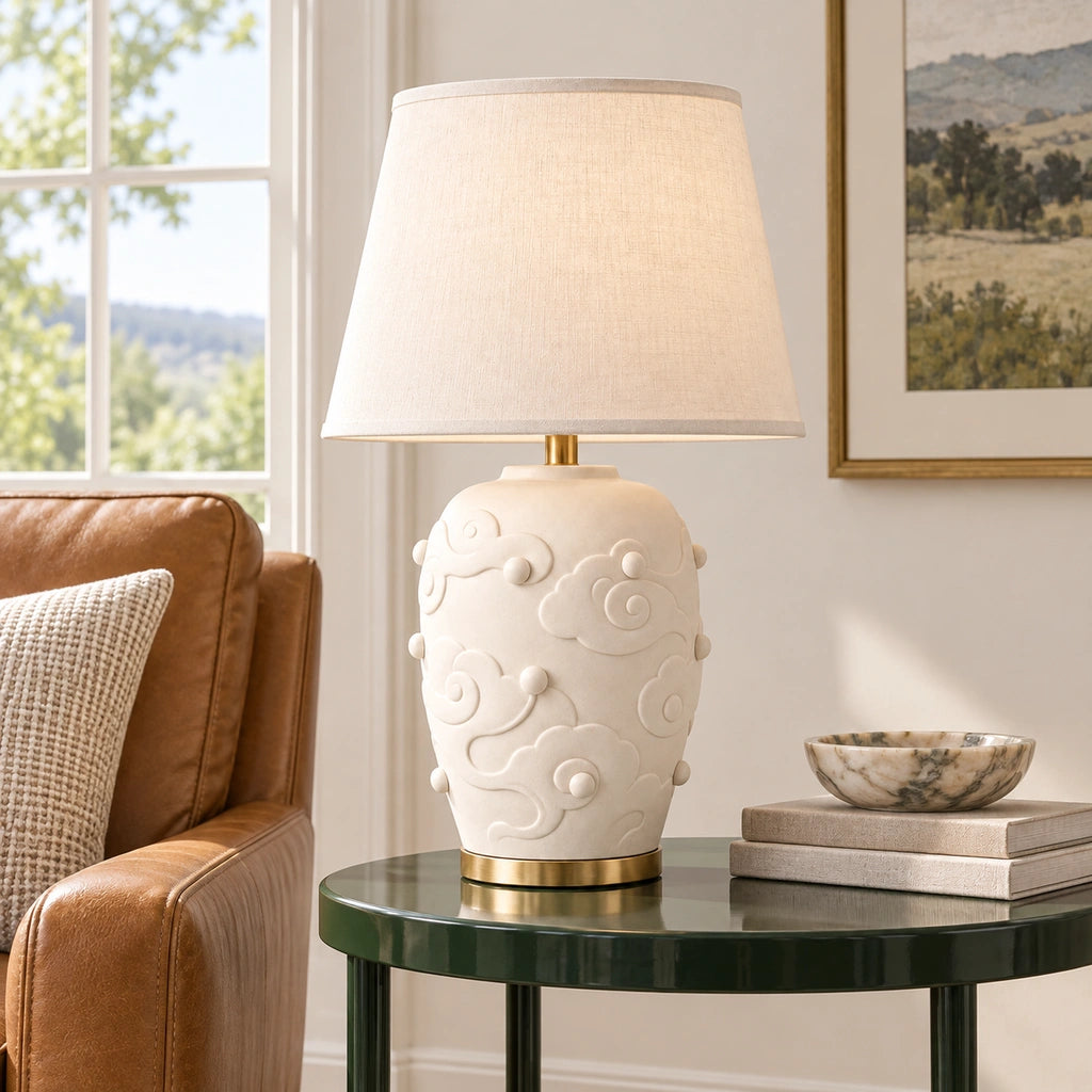 Elowen Textured Ceramic Fabric Shade Table Lamp, Scroll design, living setting