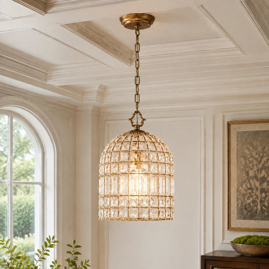 Voss French Antique Brass Crystal Birdcage Dome Chandelier